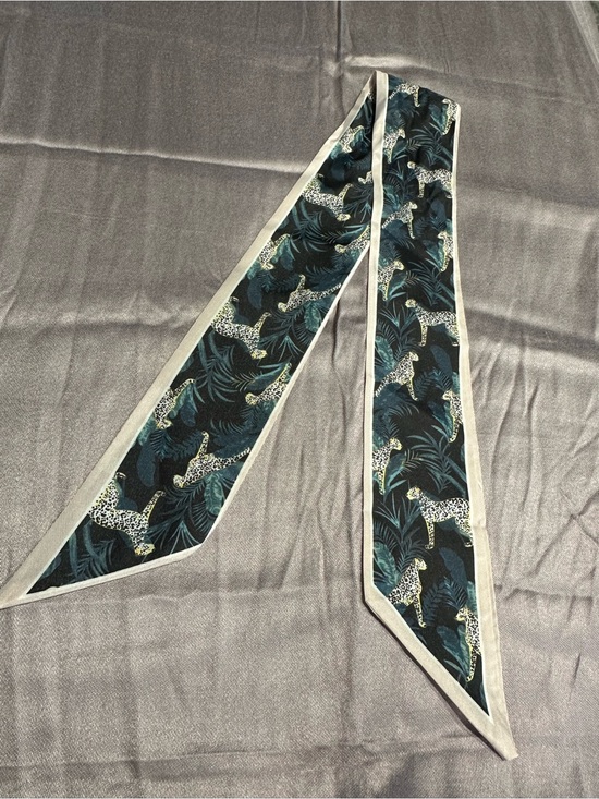 Accessories - Silky Leopard & Palm Skinny Scarf in Teal and Ivory